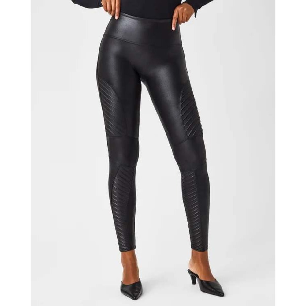 Spanx Womens Faux Leather Moto Leggings Black High Waist Ribbed Medium Slimming